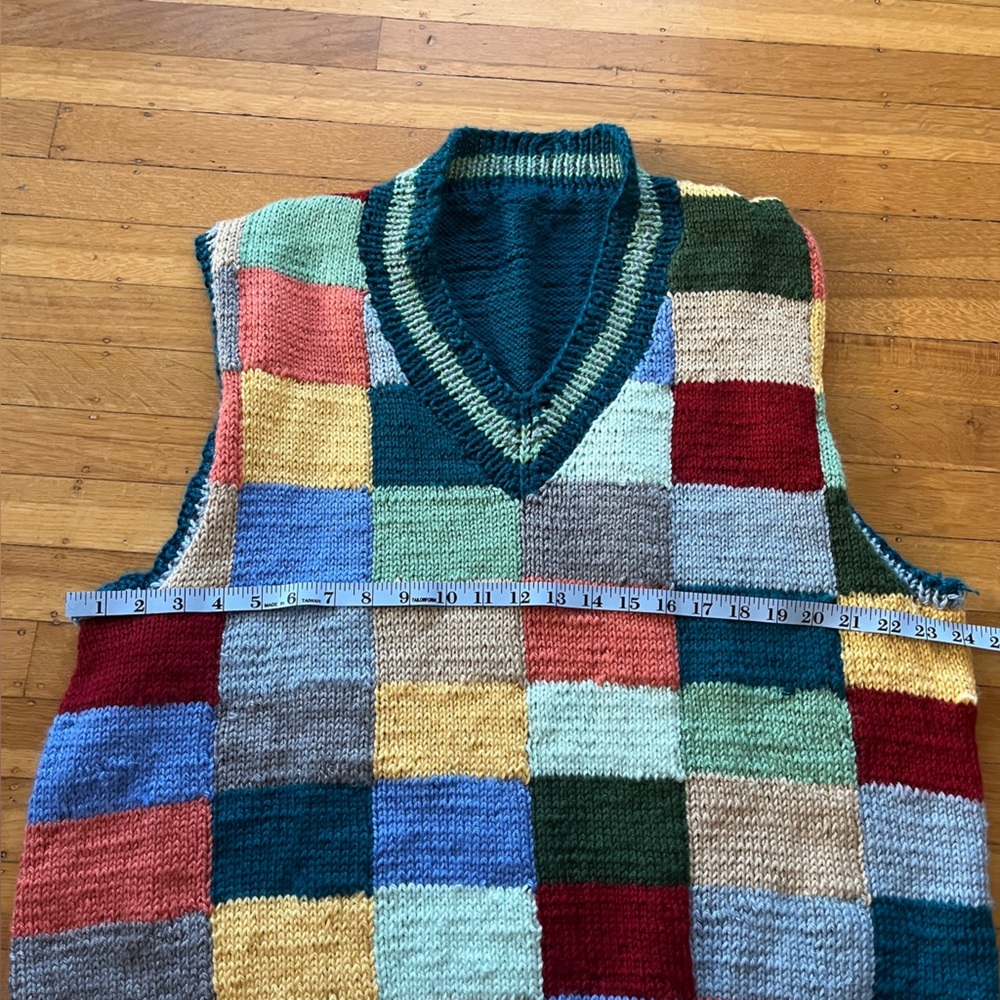 Handknit handmade colorful patchwork sweater vest eclectic grandpa plaid L XL M - Picture 3 of 11